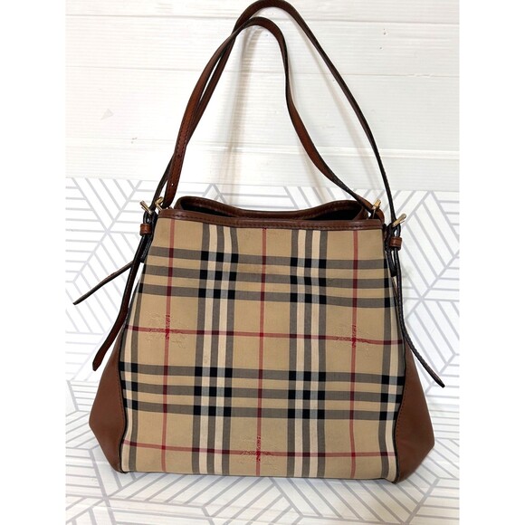 Burberry Beige Brown Leather Haymarket Check Canterbury Tote Shoulder Bag Italy - Picture 2 of 16